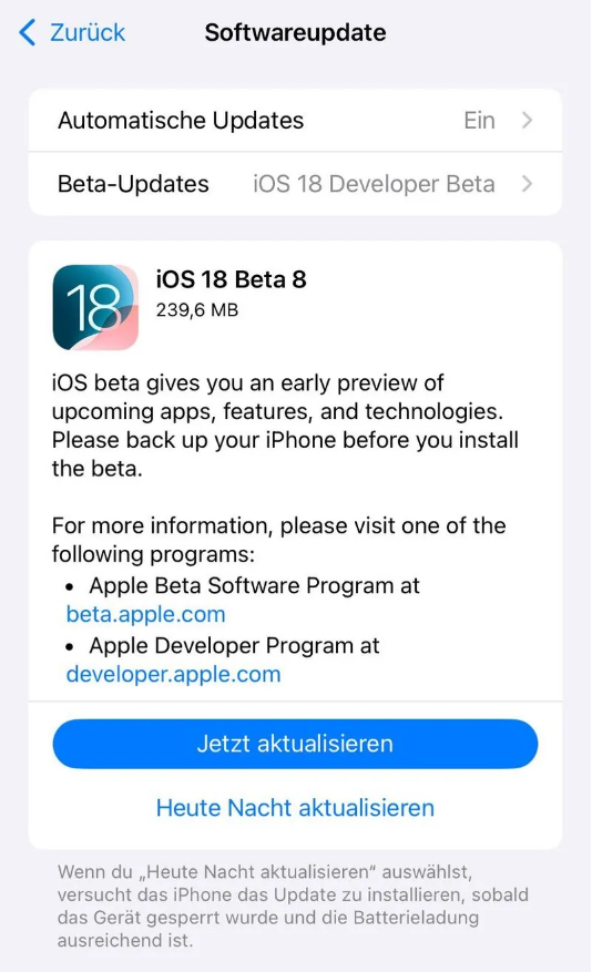 乌伊岭苹果手机维修分享苹果 iOS / iPadOS 18 开发者预览版 Beta 8 发布 